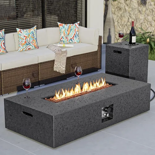 Vista 27 de COSIEST mesa cuadrada de propano para exteriores de arenisca con protector contra el viento, certificada, quemador de acero inoxidable de 50,000