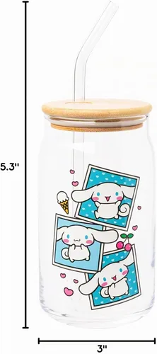 Vista 8 de Silver Buffalo Sanrio - Vaso de vidrio de Hello Kitty y sus amigos con polaroids de Cinnamonroll, con tapa de bambú y sorbete de vidrio, 16 onzas