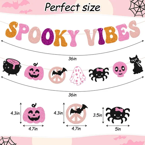 Vista 3 de Pancarta de Halloween espeluznante decoración espeluznante hippie guirnalda de Halloween groovy retro fantasma murciélagos araña, gatos, calavera