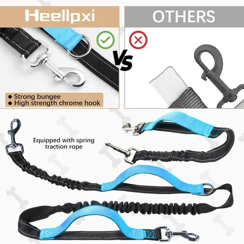 Vista 5 de Correa de cintura manos libres con bolsa para dos perros, costuras reflectantes, doble asa y diseño retráctil elástico, ideal para perros medianos a