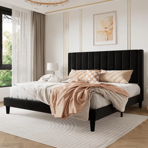 Vista 21 de SHA CERLIN Marco de cama individual con plataforma tapizada de terciopelo con cabecero, soporte de listones de madera resistente, base de colchón