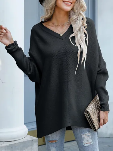 Vista 3 de ANRABESS - Suéter tejido para mujer, cuello en V, caída larga tipo murciélago, dobladillo asimétrico, estilo casual