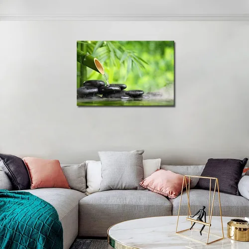 Vista 3 de Naturaleza muerta de spa verde con fuente de bambú y piedra zen en agua pintura de pared la imagen impresión en lienzo imágenes botánicas