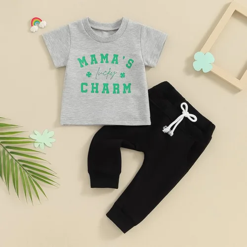 Vista 2 de Conjunto de manga larga con cuello redondo y letras para bebé niño, ropa de primavera, Charm de la suerte de las mamás grises