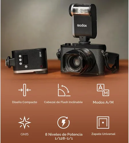 Vista 2 de Godox Mini cámara flash IA32, Speedlite GN15 con 8 niveles de potencia de flash 1/128-1/1, control óptico S1/S2 para Fuji, para Canon, para Nikon