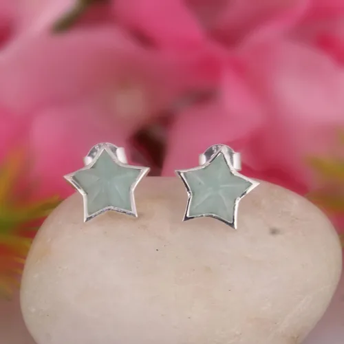 Vista 5 de Aretes de plata de ley 925 con piedras preciosas de amazonita con corte de estrella, regalo de piedra natal para ella