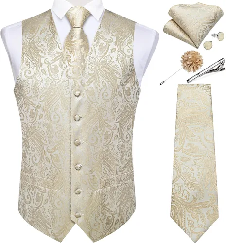 Vista 14 de DiBanGu Juego de chaleco y corbata para hombre, chaleco formal de cachemira y corbata con bolsillo cuadrado y gemelos, de seda, para traje o Verde