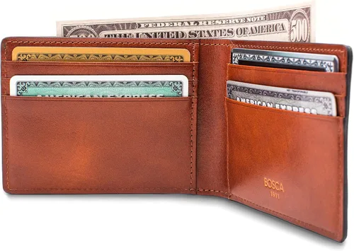 Vista 5 de Bosca Billetera pequeña de cuero plegable para hombre, Ámbar, Colección Dolce - Cartera pequeña plegable