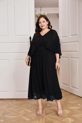 Vista 7 de Hanna Nikole Vestido de fiesta de noche de gasa con cuello en V para mujer, talla grande, manga capa, maxi vestidos para invitados de boda