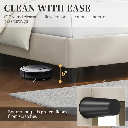 Vista 6 de YAHETECH - Base de cama tapizada tamaño individual con plataforma y cabecera con ala, soporte de listones de madera, cabecera copetada con ala, base