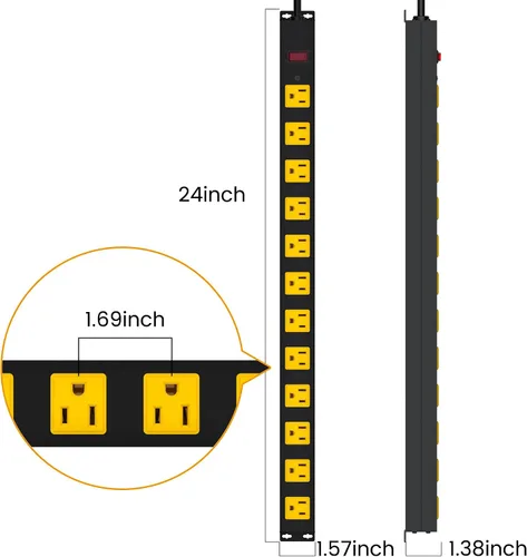 Vista 7 de Regleta de alimentación de metal para montaje de 12 tomas, protector de sobretensiones, cable resistente de gran espacio y montaje en pared