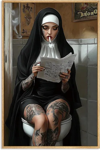 Vista 9 de Black and White Nuns Smoking Wall Art Wall Art Funky Aesthetic Prints Women Portrait Painting Vintage Trendy Wall Art Modern Smoking Nuns Print