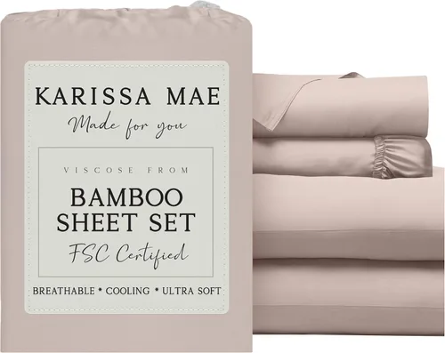 Vista 30 de KARISSA MAE Juego de sábanas de viscosa de bambú de lujo, 100% certificado FSC, refrescante, lujosamente suave, bolsillos profundos de 18 pulgadas