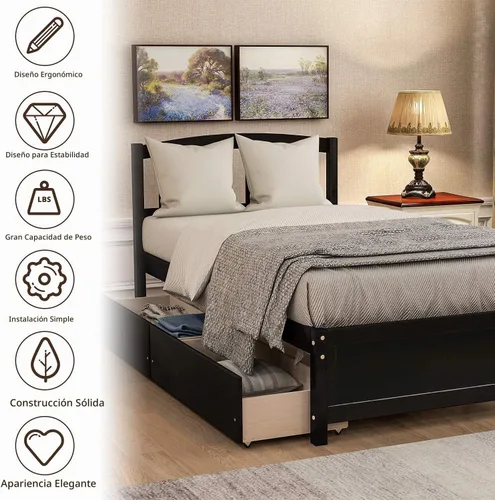 Vista 7 de Harper & Bright Designs Cama de plataforma de madera tamaño individual con cajones de almacenamiento para ahorrar espacio, marco de cama vintage