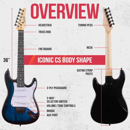 Vista 4 de LyxPro Guitarra eléctrica de 36 pulgadas y kit para niños con guitarra para principiantes de tamaño 3/4, amplificador, seis cuerdas, dos púas, Azul