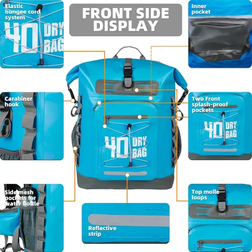 Vista 24 de MORXPLOR Bolsa seca impermeable, 5L/10L/20L/30L/40L/55L Mochila seca con funda impermeable para teléfono para natación, kayak