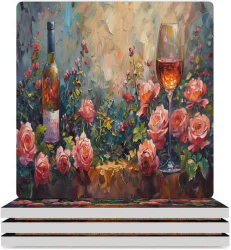 Vista 34 de 4 posavasos de vino tinto, cuadrados y modernos posavasos absorbentes de cerámica, estilo de pintura al óleo, vintage, vino tinto, uvas, rosa