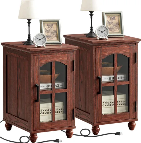 Vista 16 de Mesa auxiliar estrecha, mesita de noche estilo granja con estación de carga, mesa auxiliar de madera con puerta de granero de vidrio y Azul