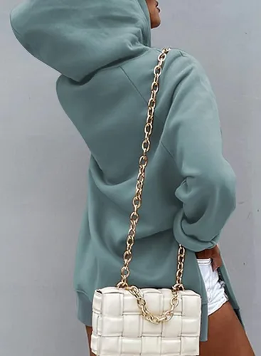 Vista 2 de SHEWIN Sudadera de gran tamaño para mujer, manga larga, dobladillo dividido, con bolsillo tipo canguro