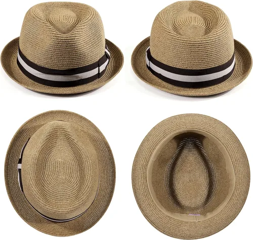 Vista 2 de AKIO&AQUIRAX Sombreros de Fedora para hombre con ala corta, sombreros de paja para hombres y mujeres, sombreros de sol de verano con correa ajustable
