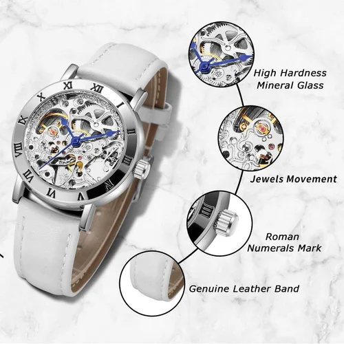 Vista 3 de Relojes para mujer, reloj mecánico automático de cuerda automática para mujer, reloj de pulsera Steampunk con correa de reloj de cuero genuino