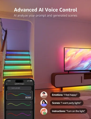 Vista 3 de Lepro Tira de luces LED inteligentes S2 AI – Tiras de luz RGBCW de 16.4 pies con 2700K-5700K blanco cálido sintonizable, segmento de color DIY