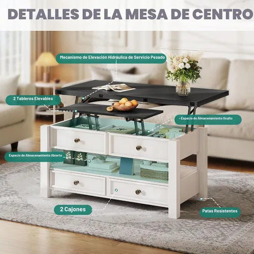 Vista 7 de YITAHOME - Mesa auxiliar convertible 4 en 1 con parte superior elevadora con cajones, parte superior negra Center Table with Multi-Functional