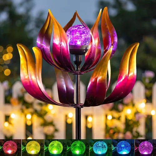 Vista 14 de Molinillo de viento solar grande de 83 pulgadas para exteriores, escultura de flor de tulipán de metal con bola de vidrio LED multicolor, arte