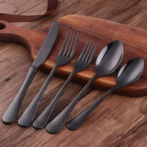 Vista 2 de Juego de 5 piezas de cubiertos de acero inoxidable negro para 1, juego de cubiertos incluye cuchillo de cena, tenedor de mesa, cuchara de mesa