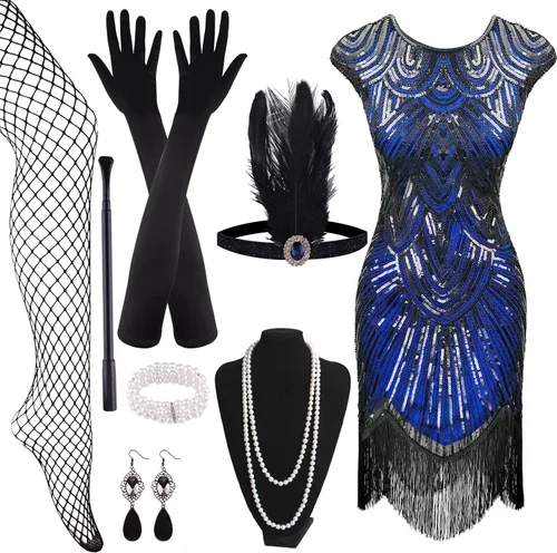 Vista 2 de PLULON 1920s Sequin Beaded Fringed Flapper Dress with 20s Accessories Set