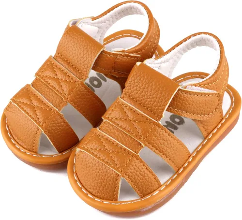 Vista 2 de QIETION Sandalias chirriantes para niños y niñas pequeños, puntera cerrada, suela de goma antideslizante, zapatos para primeros pasos