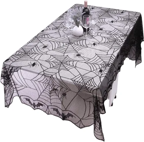 Vista 5 de Rockcloud Mantel rectangular de encaje de poliéster para decoración de Halloween, cenas, 71 x 53 pulgadas 71 x 53 inches, Black Spider Web Table