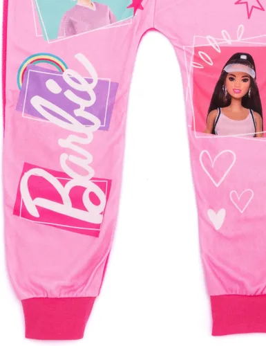 Vista 6 de Barbie Pijama de forro polar rosa todo en uno para niñas, overol de muñeca de juguete, pijama para niños Rosado