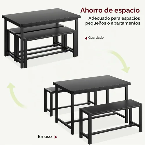 Vista 7 de Juego de mesa de comedor para 4 personas con 2 bancos, juego de mesa de cocina de 3 piezas, juego de comedor que ahorra espacio para cocina, Negro