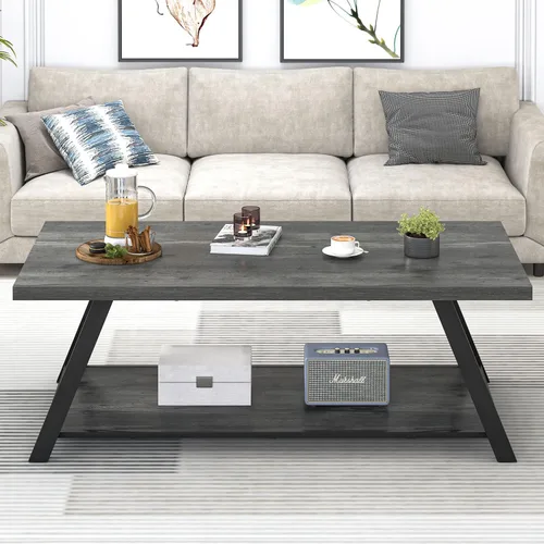 Vista 7 de EXCEFUR Mesa auxiliar, mesa central de madera industrial y metal para sala de estar, mesa de té rectangular de cóctel con estante de almacenamiento