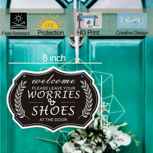 Vista 2 de Letrero con texto en inglés «Please Leave Shoes & Worries at the Door», letrero de diseñador de RAMIEYOO para puerta de casa, regalo perfecto