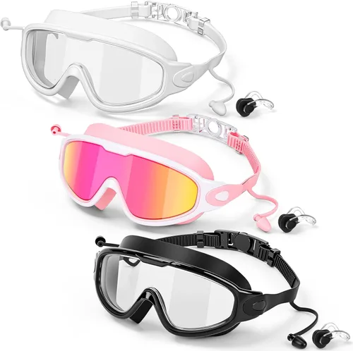Vista 10 de Konohan Paquete de 3 gafas de natación para adultos, gafas anchas sin fugas, antiniebla, con clips para la nariz, tapones para los oídos