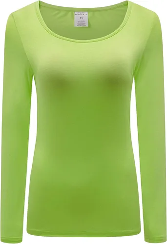 Vista 44 de OThread & Co. Camiseta de manga larga con cuello redondo para mujer, capa básica, de elastano Albaricoque