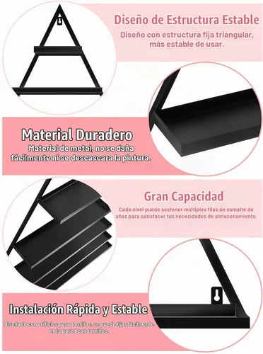 Vista 4 de Lorvain - 10 estantes de almacenamiento de esmalte de uñas de metal para montaje en pared, 5 niveles, color negro, triangular, vitrina