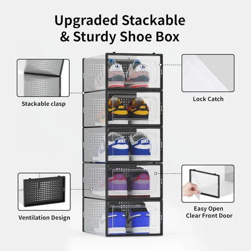 Vista 5 de Paquete de 12 cubos de almacenamiento de zapatos, organizador de zapatos apilable de plástico transparente para armario, zapatero plegable que