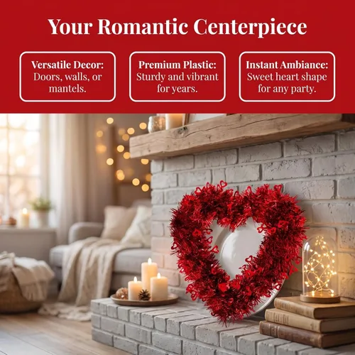 Vista 2 de Coronas para el día de San Valentín, coronas rojas de oropel en forma de corazón con guirnalda de amor de papel de aluminio para colgar en la pared