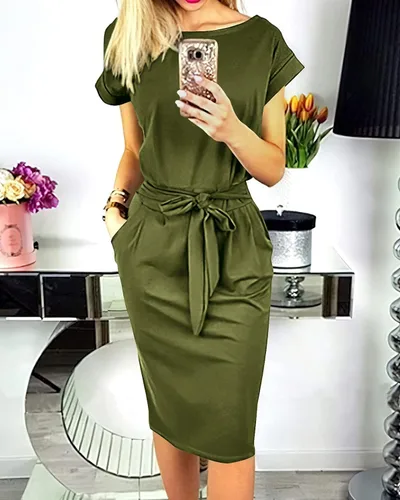 Vista 2 de PRETTYGARDEN - Vestido de verano para mujer, manga corta con cuello redondo, a rayas, prenda básica de color liso, con lazo en la cintura y bolsillos