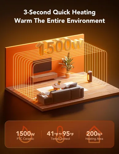 Vista 2 de Calentadores de espacio de 1500 W para uso en interiores, calentador eléctrico de cerámica PTC con control remoto, temporizador de 24 horas
