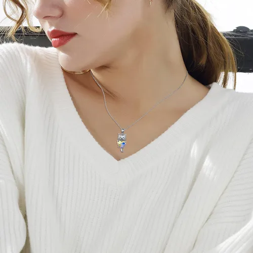 Vista 4 de JUSTKIDSTOY Collar de gato de plata de ley 925 con colgante de animal lindo con cristal de gato, regalo de joyería para mujeres y niñas amantes