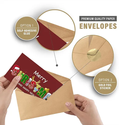 Vista 4 de easykart labels Surtido de 54 tarjetas de Navidad con sobres y calcomanías de sellado, 6 diseños temáticos navideños con efecto de lámina y relieve