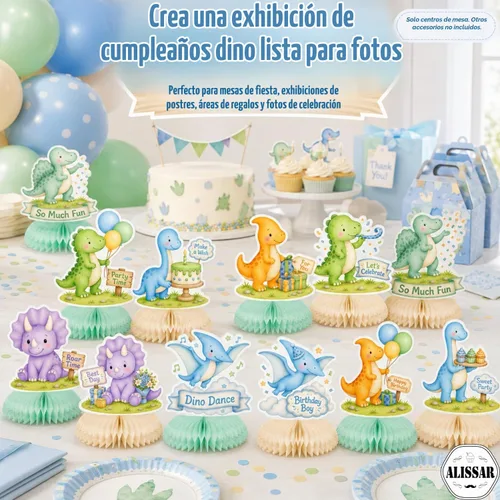 Vista 9 de ALISSAR 12 Pcs Dinosaur Honeycomb Centerpieces, Boy Dino Birthday Decor Blue