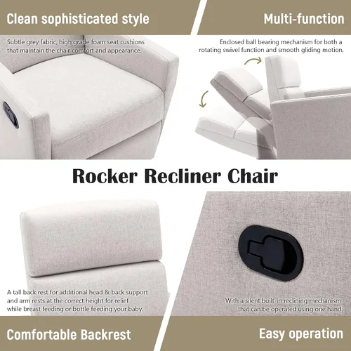 Vista 6 de LUMISOL Silla reclinable giratoria para adultos, silla deslizante para guardería, sofá individual reclinable manual, tapizada en lino, con respaldo