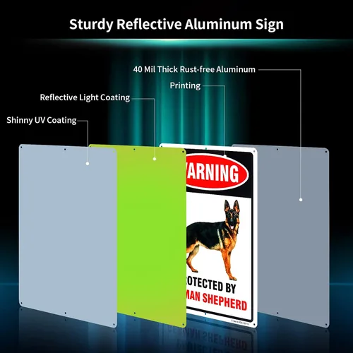 Vista 2 de Cartel de pastor alemán "Protected by German Shepherd", 14 x 10 pulgadas, aluminio libre de óxido 040, reflectante, con protección UV y resistente a