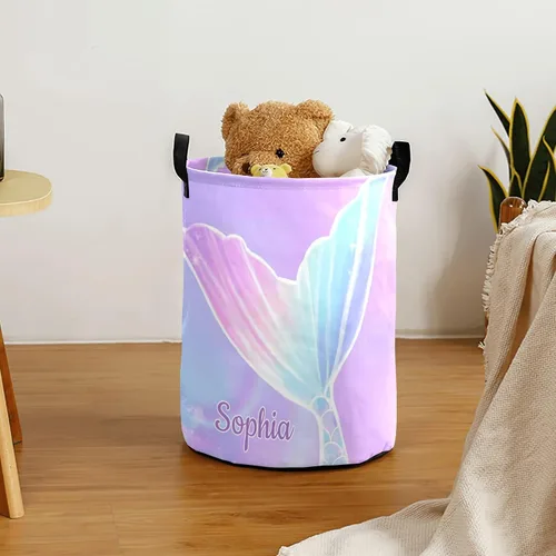 Vista 3 de Cesta de lavandería con cola de sirena, color morado, con nombre, impermeable, con asas, para lavandería, baño, universidad