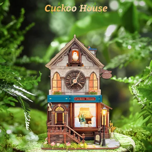 Vista 4 de SUNNINO Kit de casa de muñecas en miniatura, rompecabezas de madera 3D de cuco para adultos, kit de construcción de mini casa con 3 modos